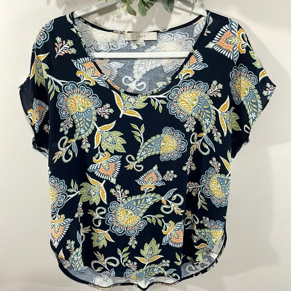 LOFT Navy Paisley Print Cap Sleeve Mixed Media Blouse XS - Picture 1 of 11